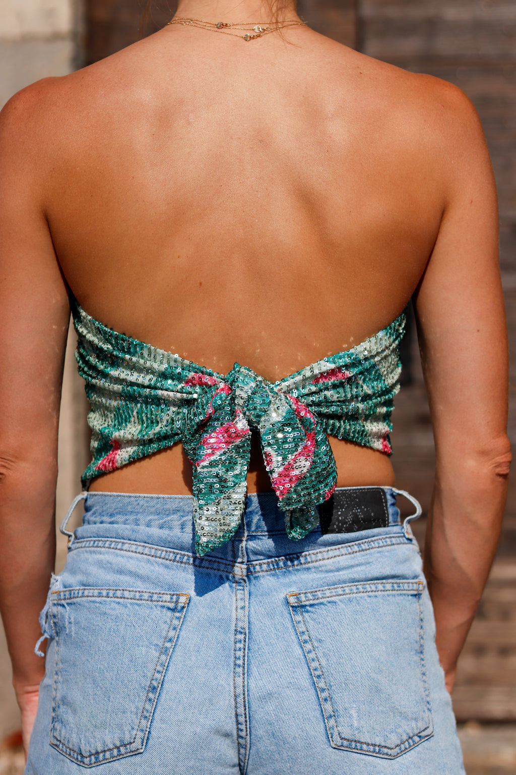 Top IBIZA à sequins vert & rose